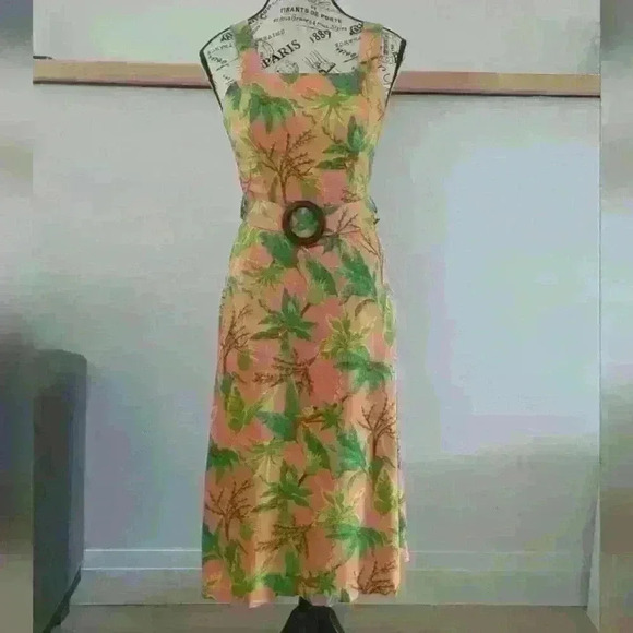 Monteau Dresses & Skirts - MONTEAU | Women's Peach/Pink  Tropical Linen Blend Belted Midi Sun Dress